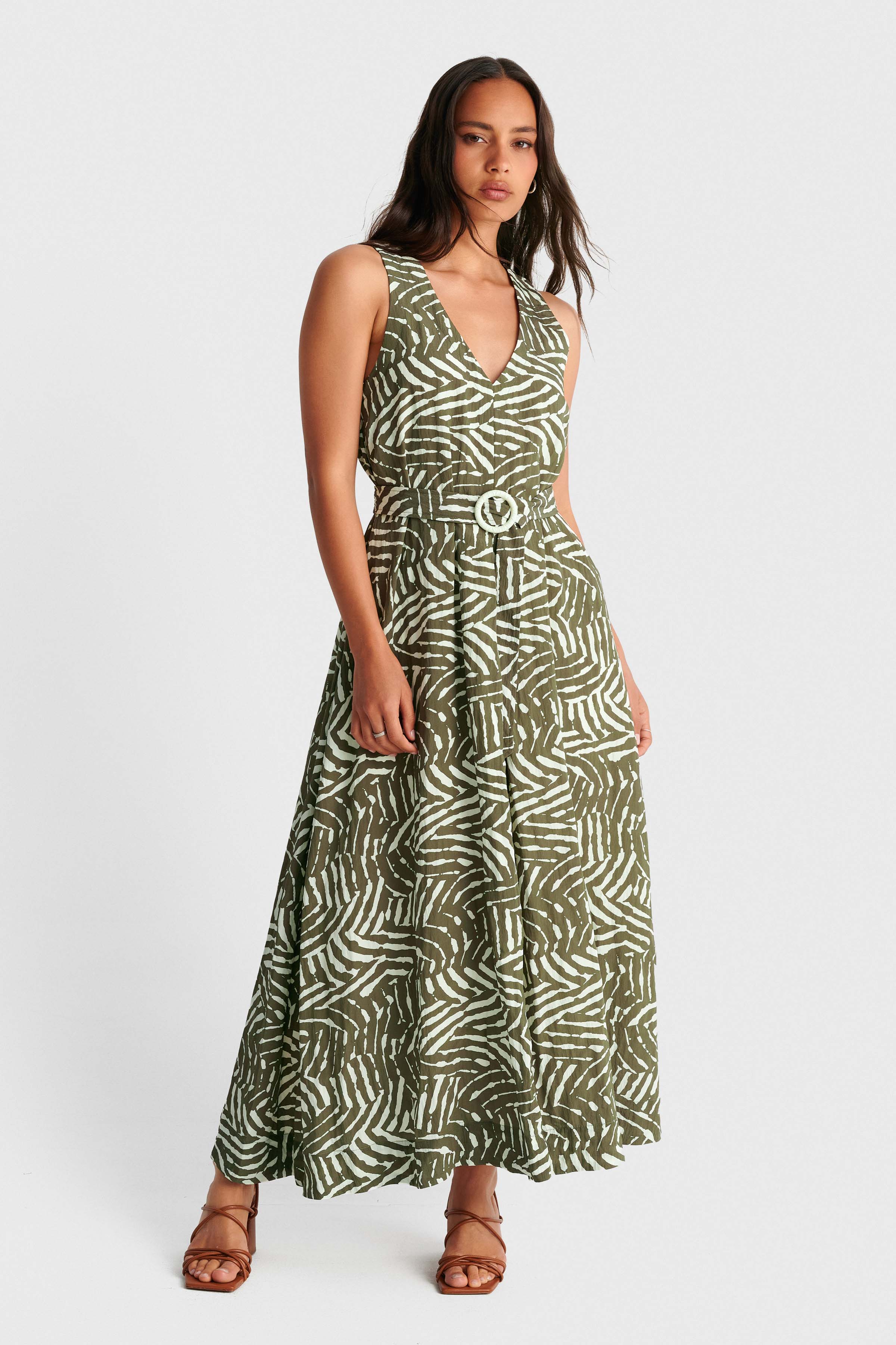 Pinted maxi dress with belt - Green