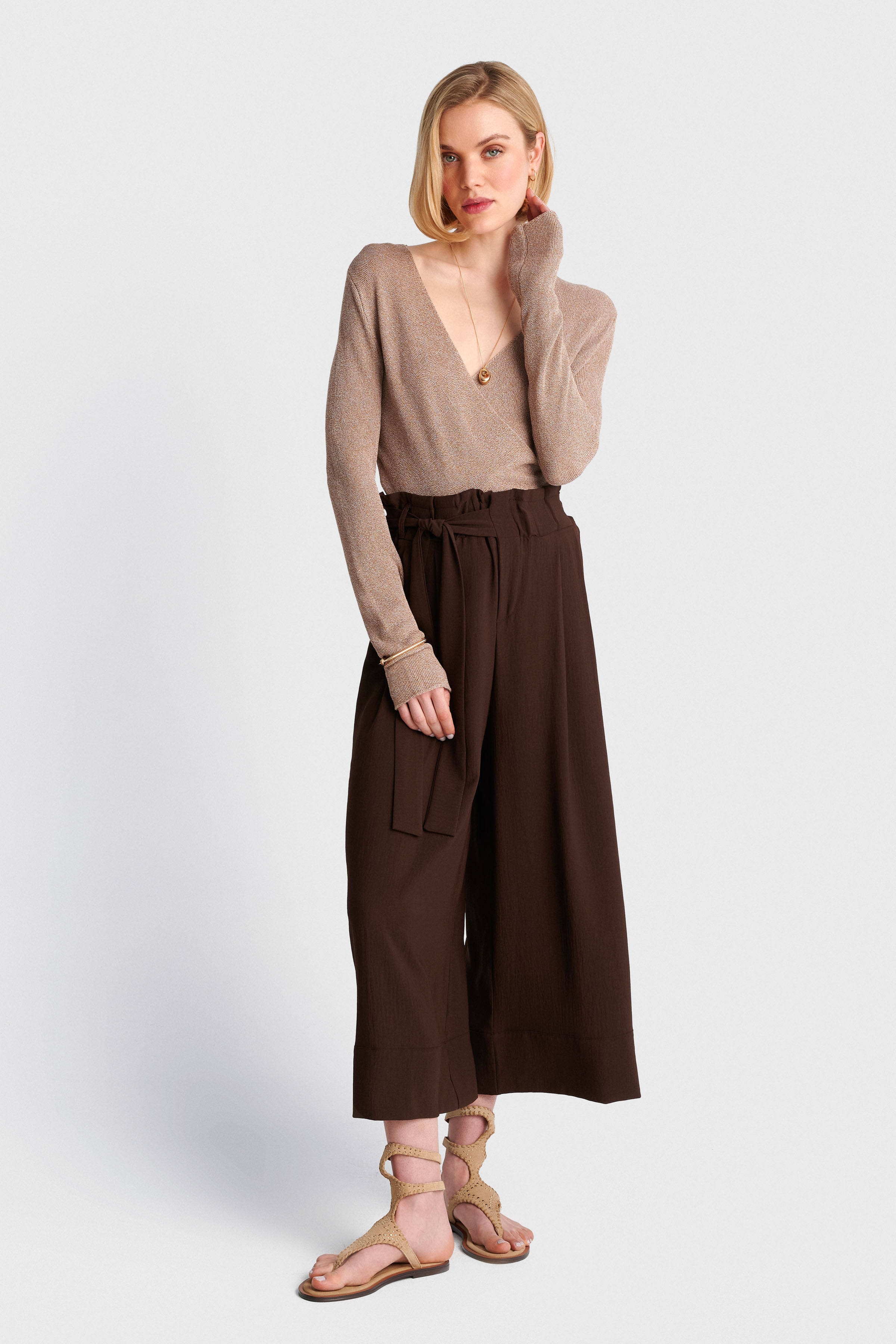 Culottes with elastic waistband and belt - Brown