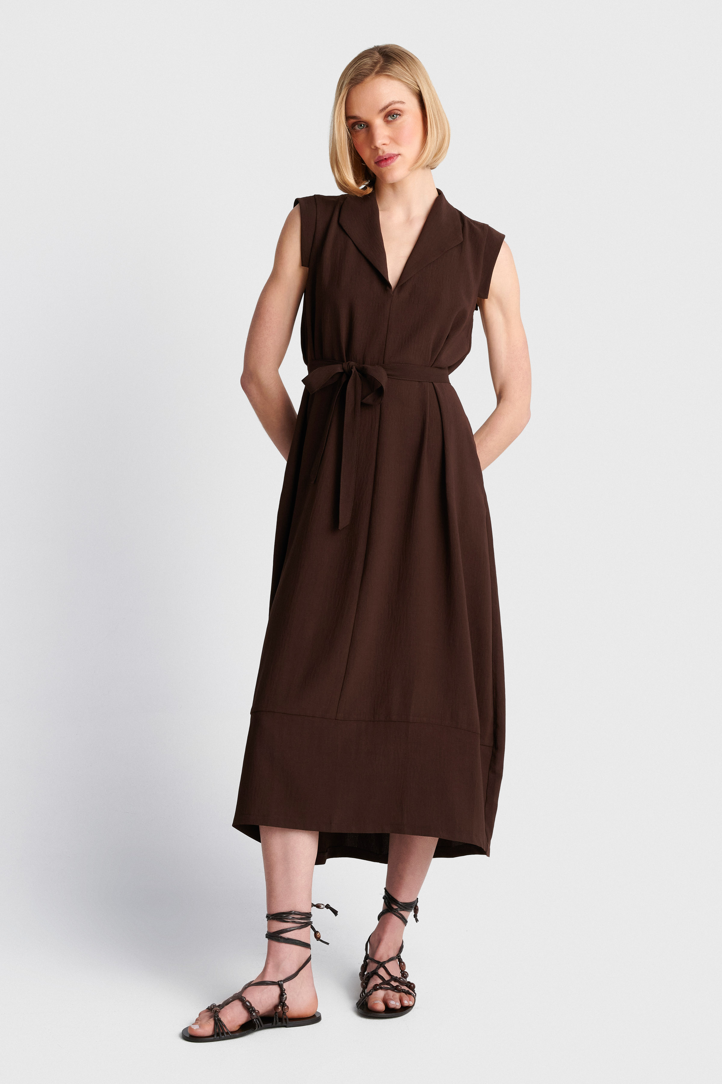 Midi ballon dress with belt - Brown