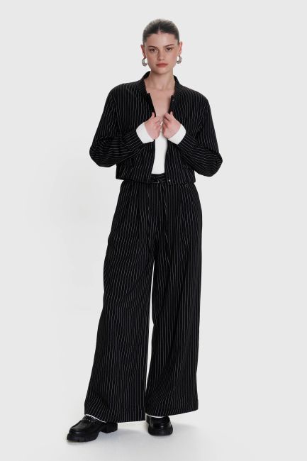 Striped trousers with fabric belt - Black