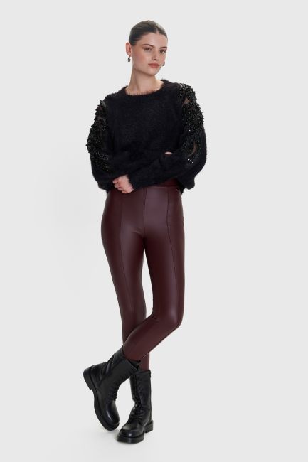 Seam-detail leatherette leggings - Red
