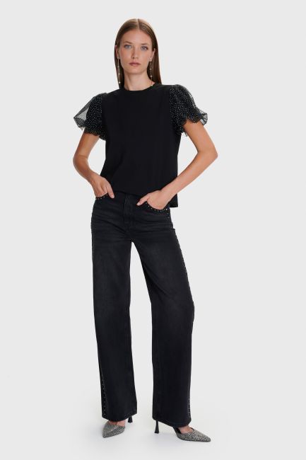Short-sleeve top with puff sleeve - Black