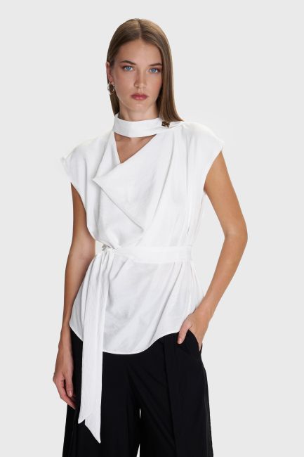Designer-style top with tie - White