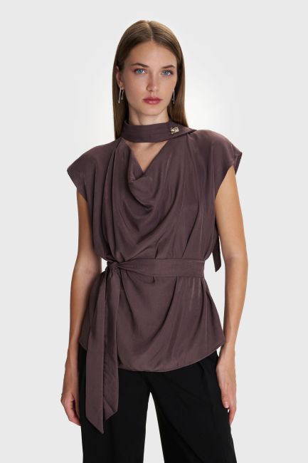 Designer-style top with tie - Brown