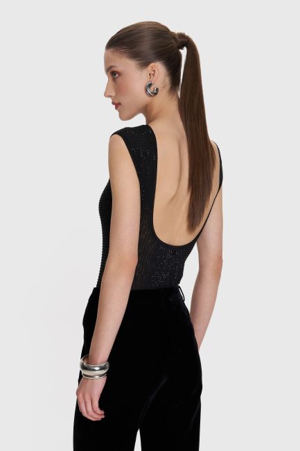 See-through bodysuit with rhinestones - Black
