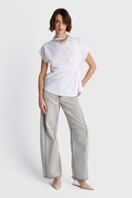 Short-sleeved top with side ruching - White