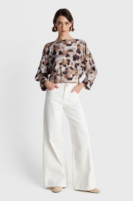 Abstract print tie-front top - Beige