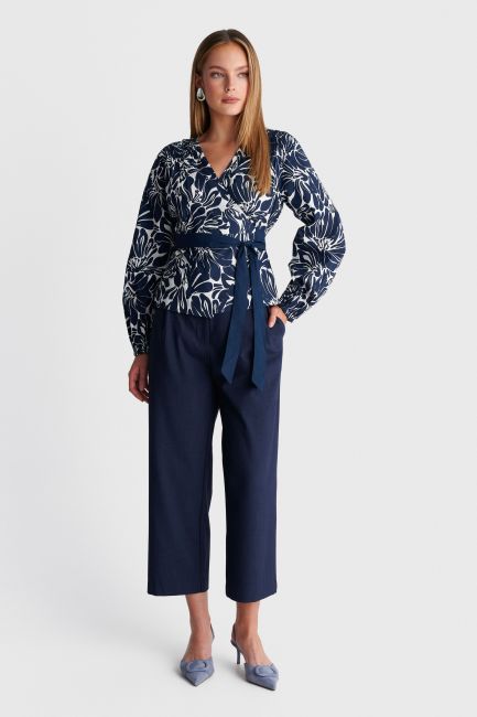 Straight cropped fabric trousers - Blue