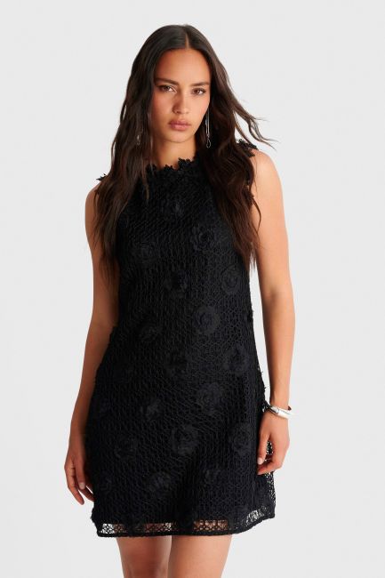 Lace mini dress with 3D flowers - Black