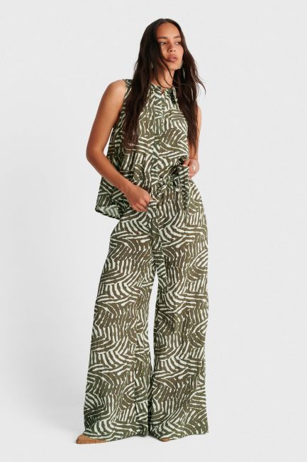 Printed wide leg pants with belt - Green