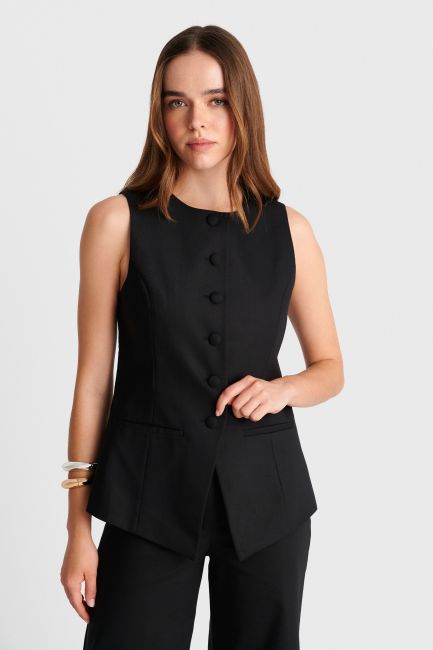 Long vest with decorative pockets - Black