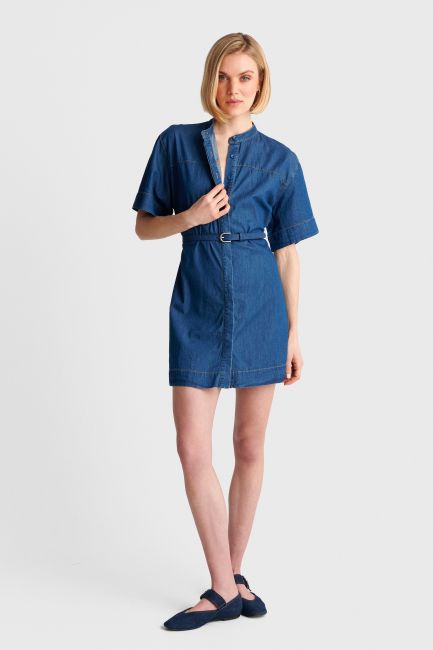 Short denim dress with belt - Blue