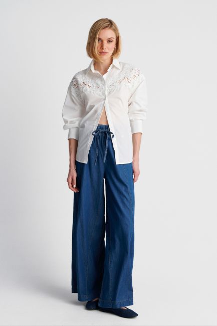 Denim wide leg pants with elastic waistband - Blue