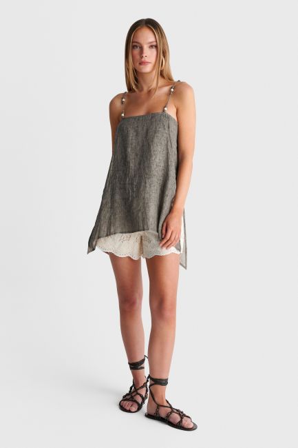 Linen top with beaded straps - Grey