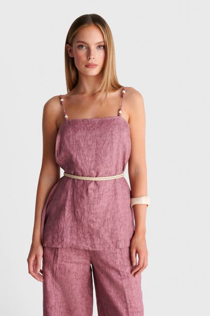 Linen top with beaded straps - Red