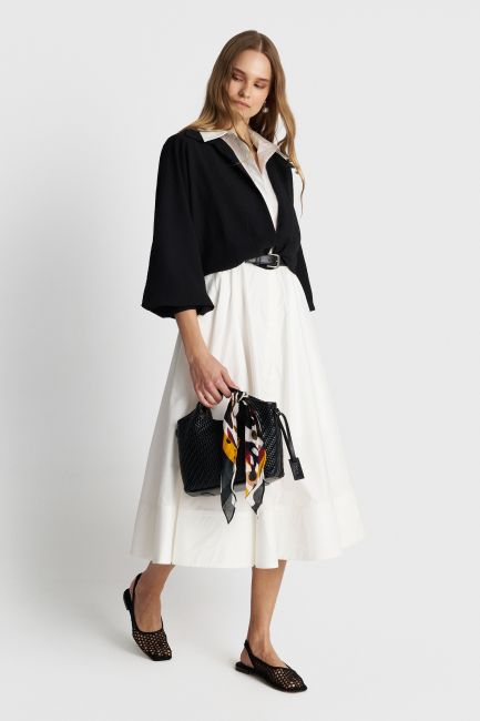 Midi dress with shoulder pads and belt - White