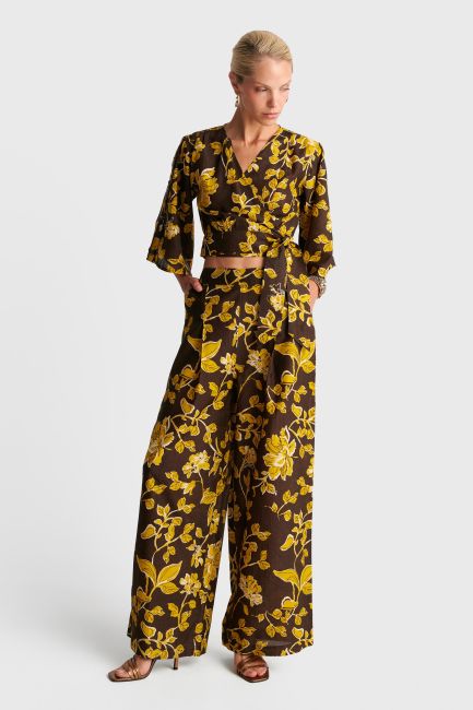 Floral pleated wide-leg pants - Brown