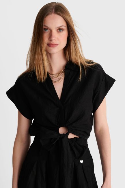 Top with ring detail and front tie - Black