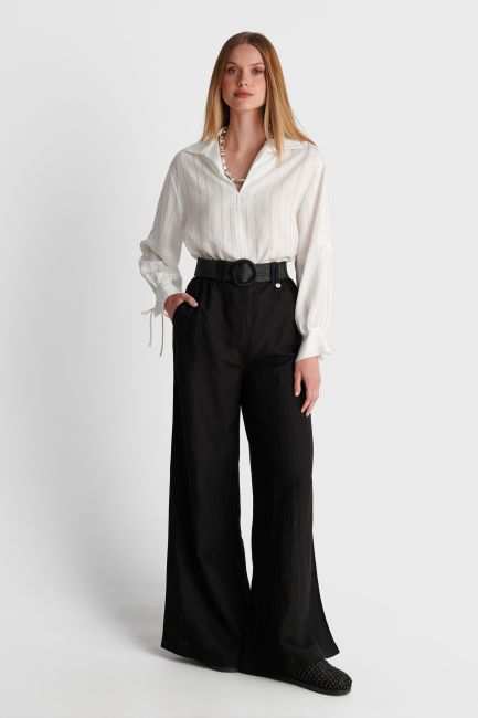 Wide-leg pants with straw belt - Black