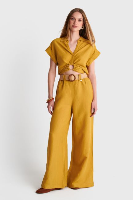 Wide-leg pants with elastic waist and belt - Yellow