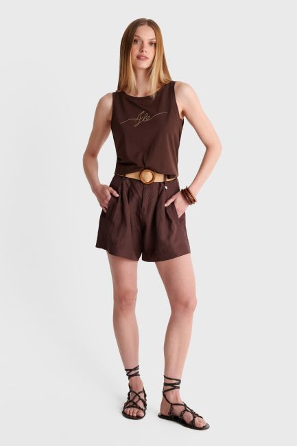 Printed shorts with straw belt - Brown