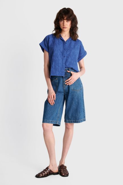 Short-sleeve shirt with textured fabric - Blue