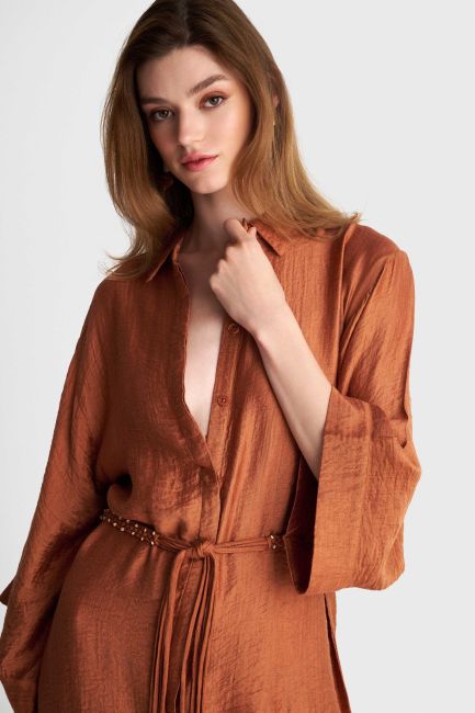 Satin-effect shirt dress with belt - Orange