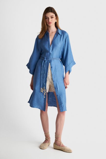Satin-effect shirt dress with belt - Blue