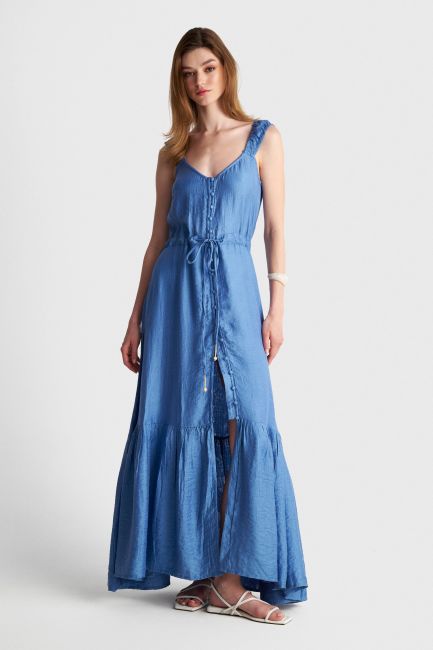 Maxi dress with belt and ruffles - Blue