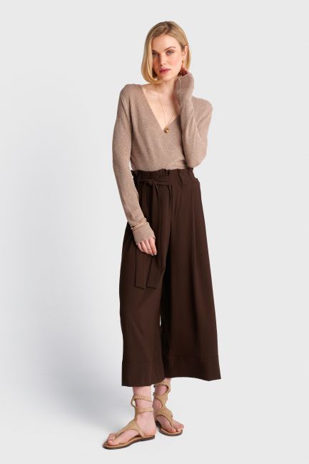 Culottes with elastic waistband and belt - Brown