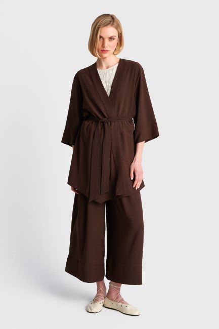 Solid color kimono with belt - Brown