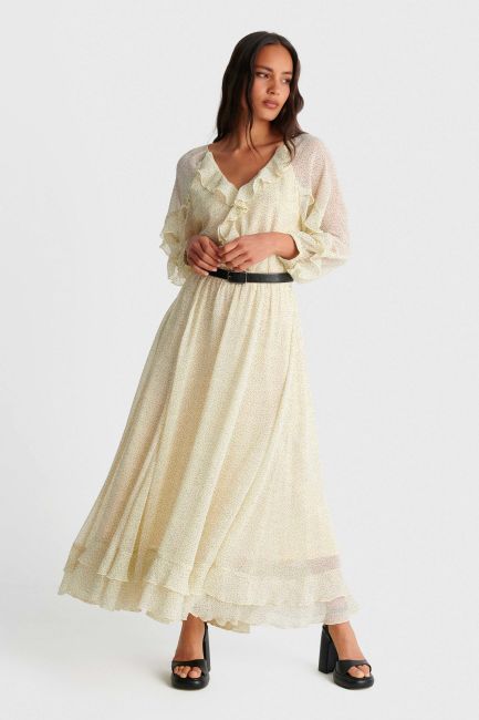 Polka dot maxi dress with belt - Yellow