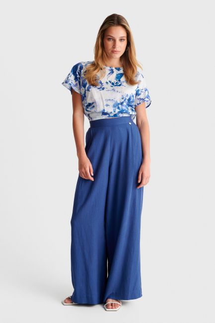 Linen-effect wide-leg pants - Blue