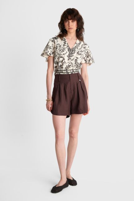 Printed top with elastic hem - Brown