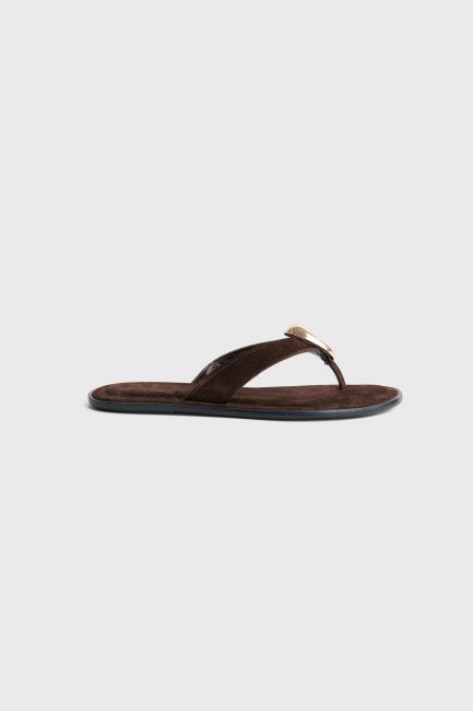 Flat suede sandals with metallic detail - Brown