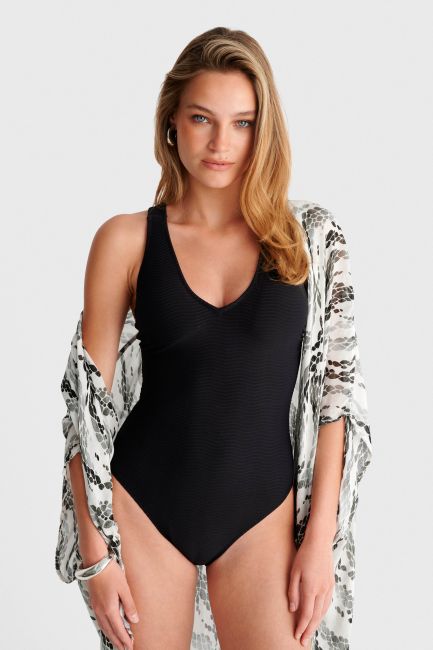 One-piece swimsuit with textured fabric - Black