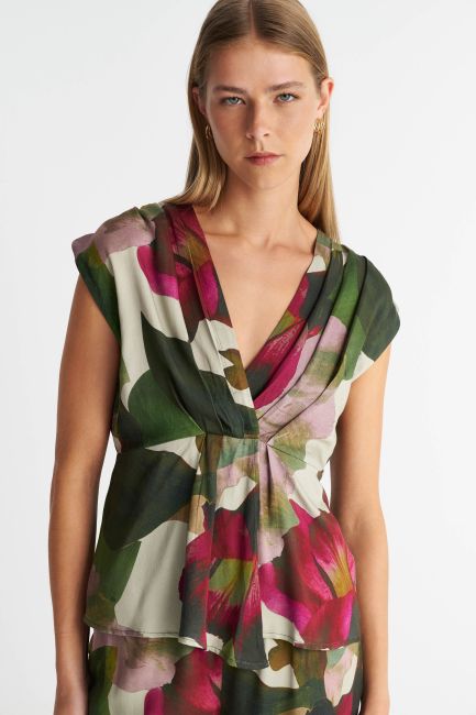 Sleeveless printed top with draped neckline - Multicolor