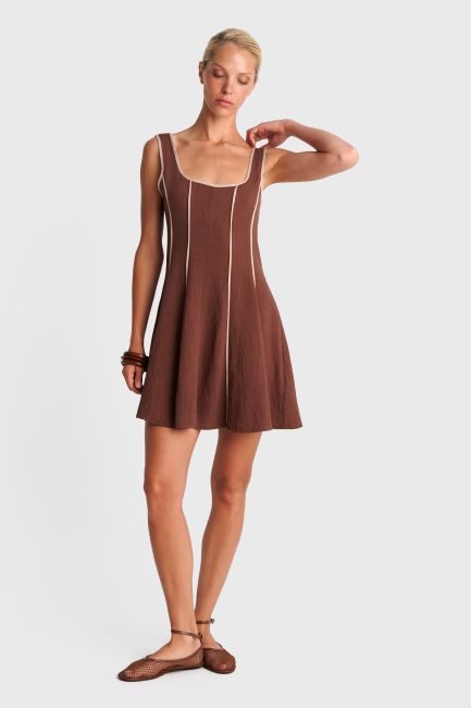 Mini dress with contrast stitching - Brown