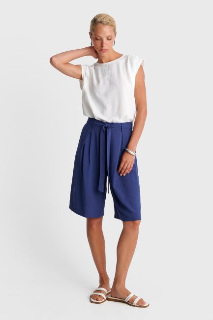 Linen-effect bermuda shorts with belt - Blue