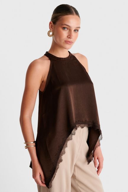 Asymmetric satin top with lace - Brown