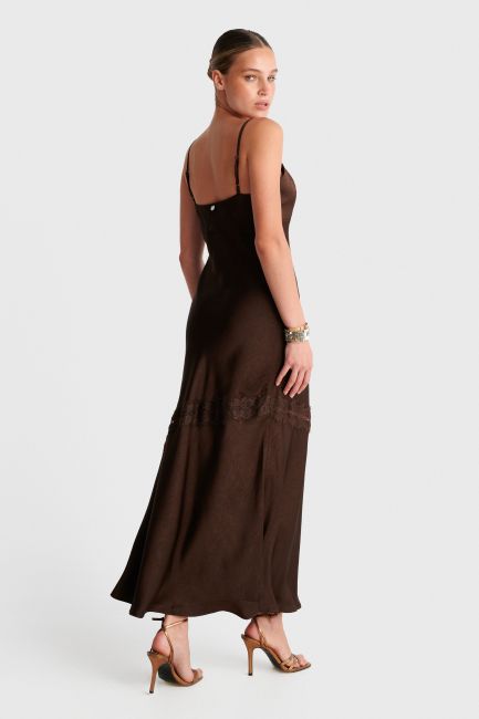 Satin maxi dress with lace - Brown