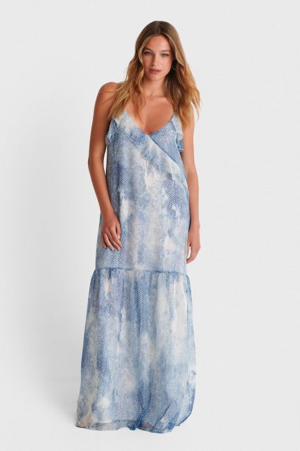 Snake-print maxi dress with ruffles - Blue