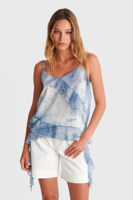 Snake-print top with ruffles - Blue