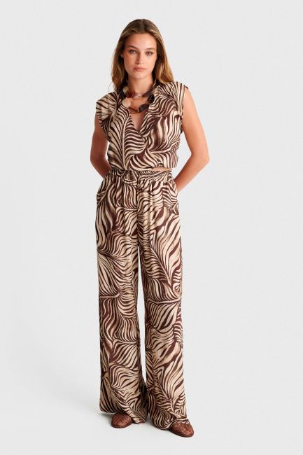Printed wide-leg pants with elastic waist - Brown