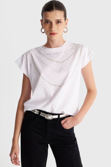 Short-sleeve blouse with decorative chains - White