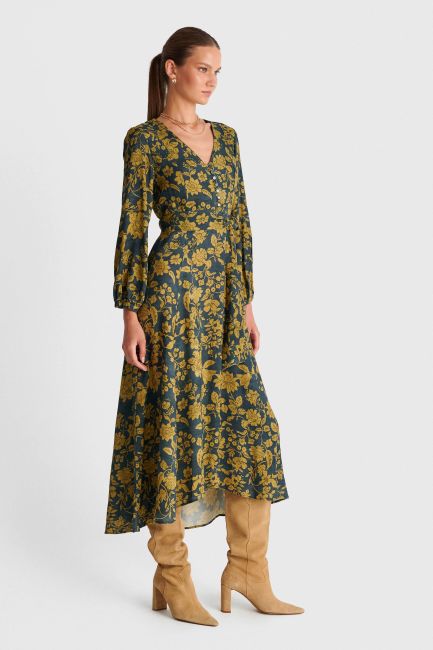 Printed midi dress with a V-neckline and waist tie - Multicolor
