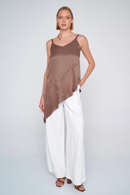 Satin-look asymmetric top - Brown