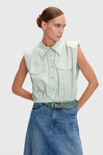 Shoulder-pad elastic hem sleeveless shirt - Green