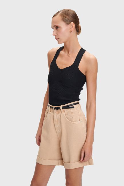 Turn-up hem denim bermuda shorts - Beige