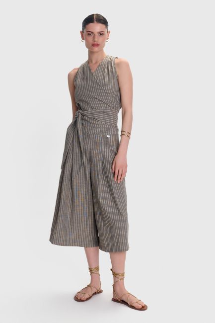 Wrap linen top with stripes - Grey